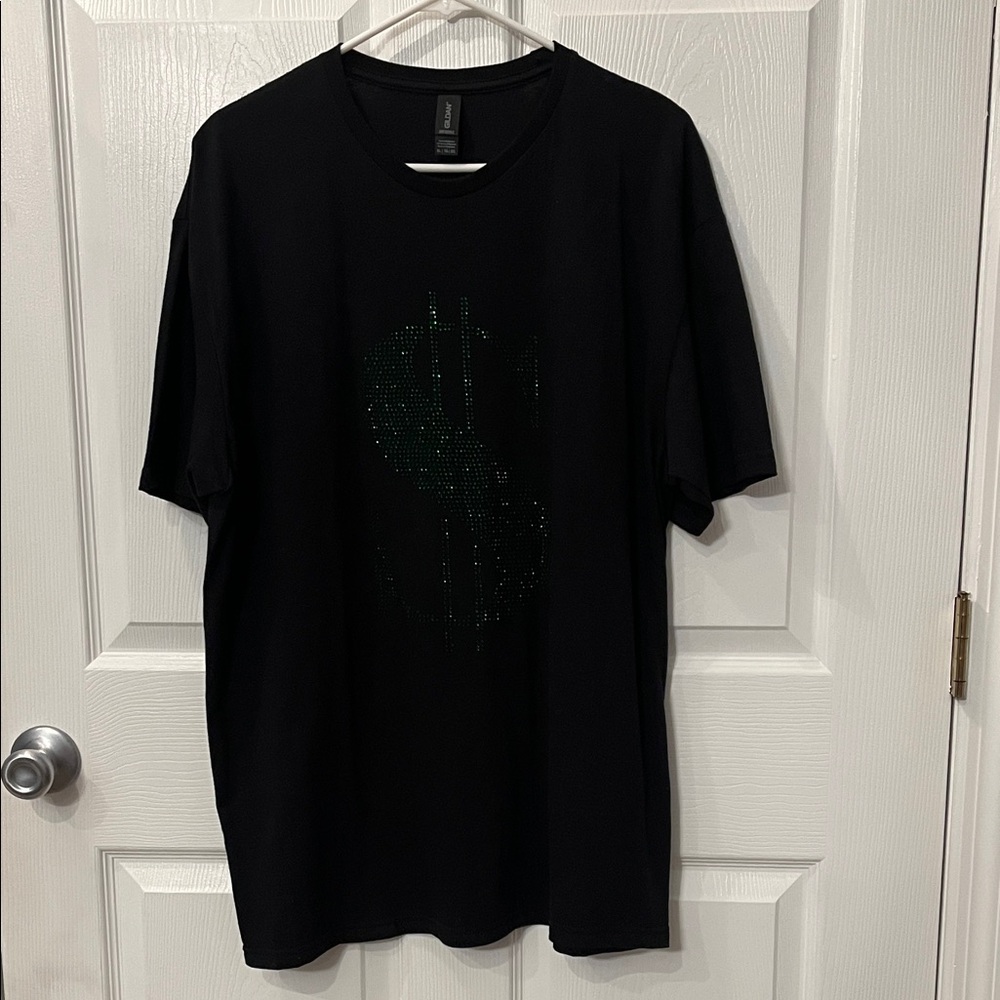 Gildan Black Short-Sleeve Tee with Subtle Green Dollar Sign Detail